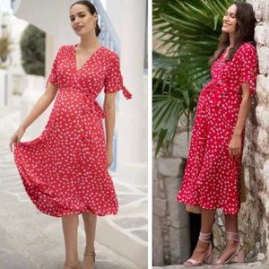 Seraphine Red Floral Maternity Midi Wrap Dress Size 6